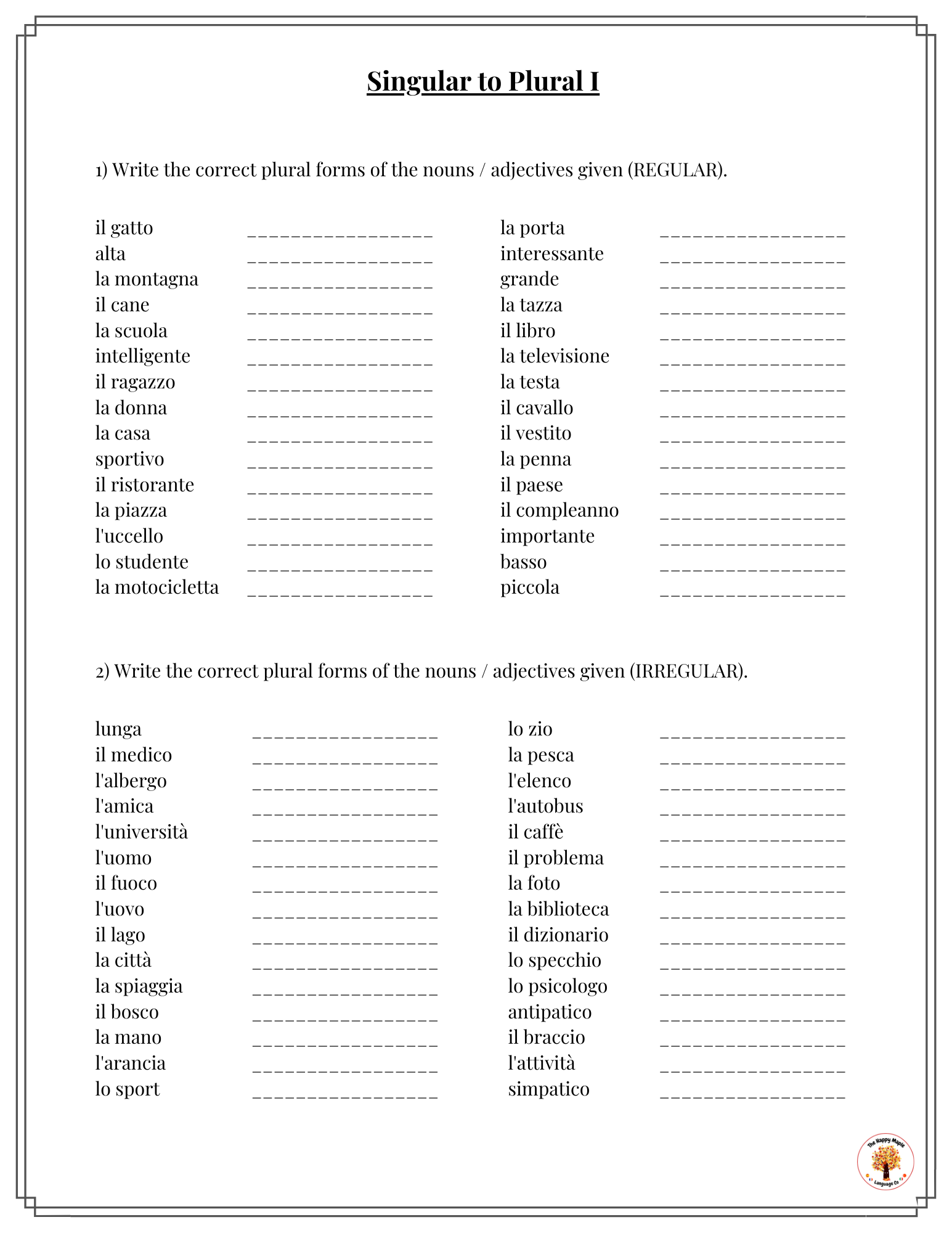 Italian Singular to Plural Worksheets