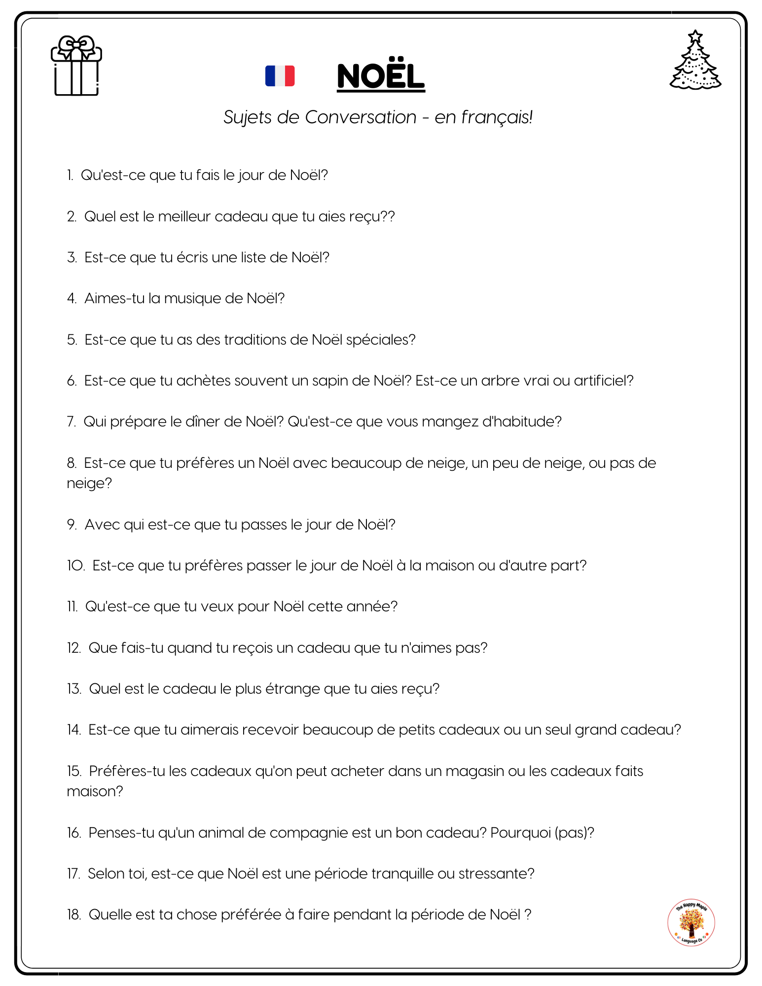 French Conversation Questions about Christmas / Noël Free PDF Download