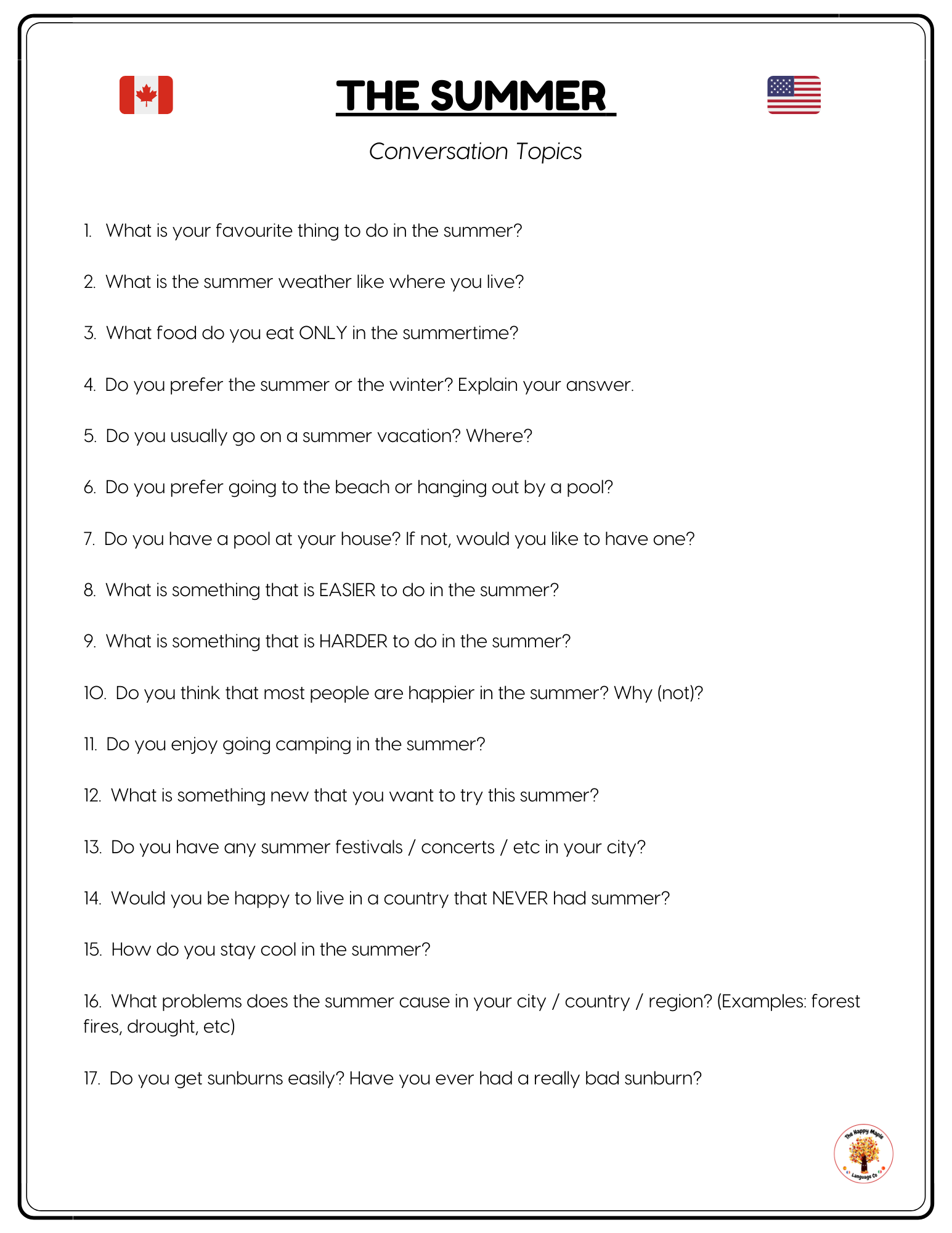 English ESL Conversation Questions Summer The Happy Maple Language Co