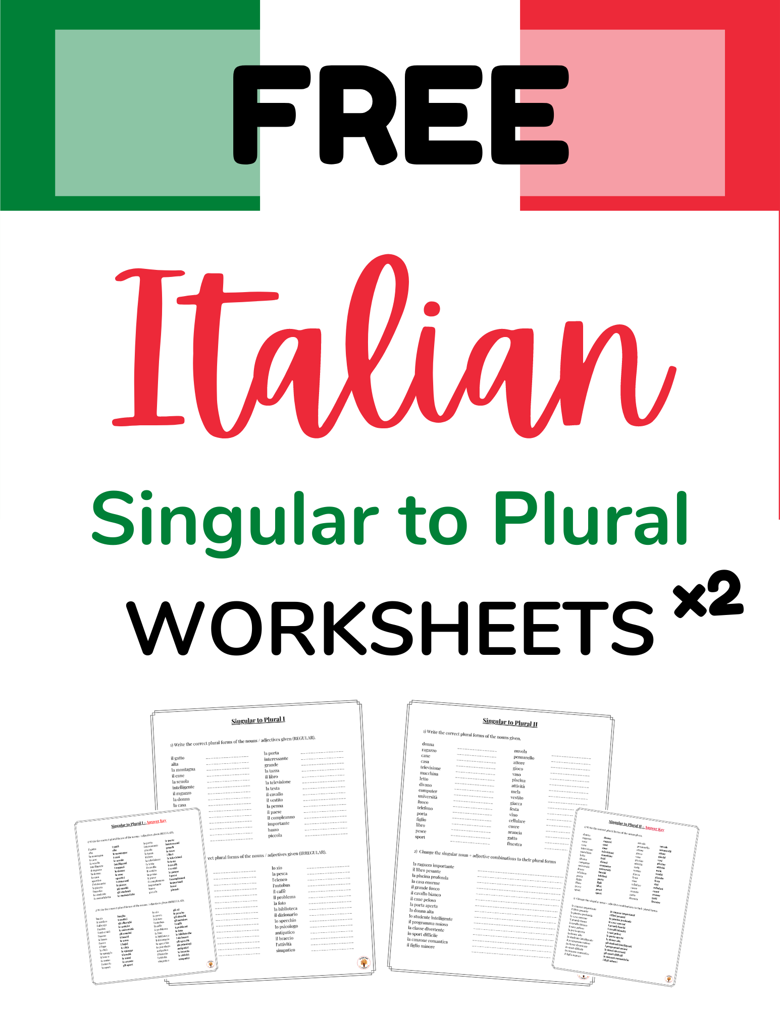 Italian Singular to Plural Worksheets Free Printable Download The