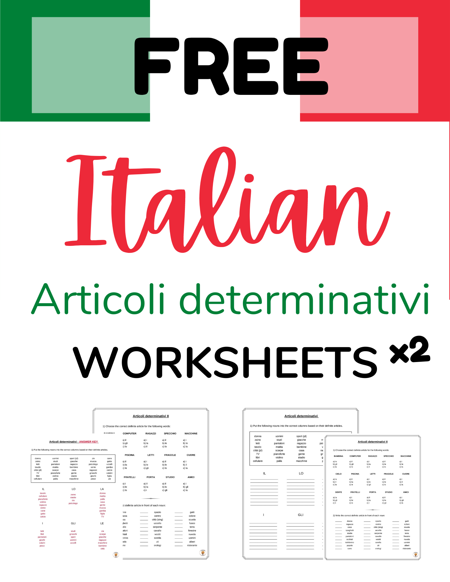 Italian Definite Articles Worksheets Articoli Determinativi Free 